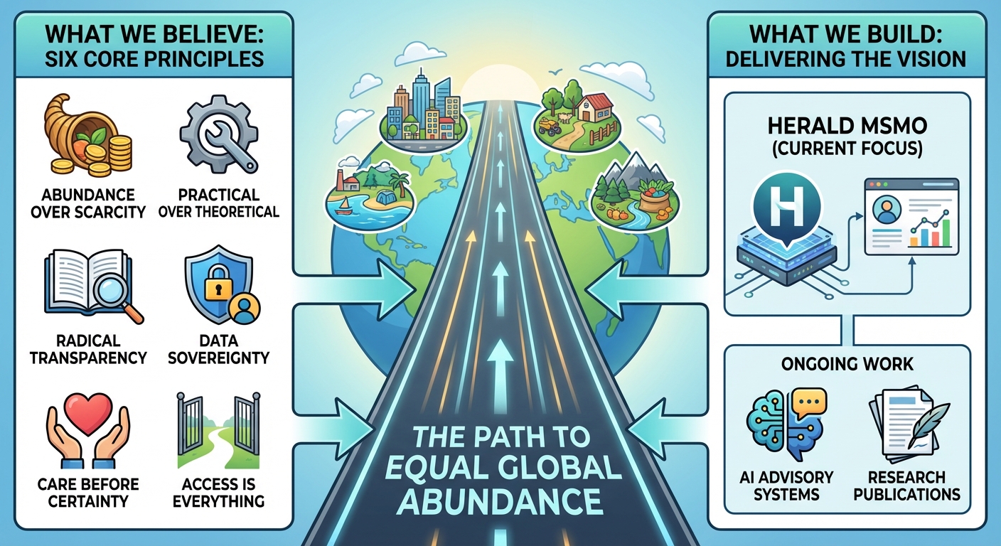 FAESR's path to equal global abundance: Six core principles feed into what we build—Herald DSMO, AI Advisory Systems, and Research Publications—creating the path to a world of shared prosperity.